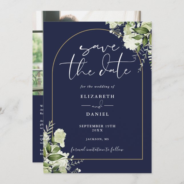 Save The Date Marine Blue Floral Gold Arch Photo QR Code Mariage (Devant / Derrière)