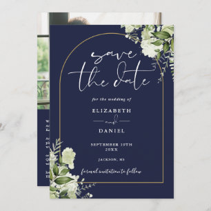 Save The Date Marine Blue Floral Gold Arch Photo QR Code Mariage