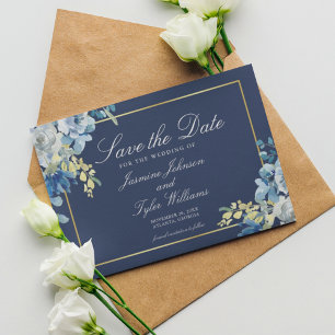 Save The Date Marine Blue Gold Floral Soirée élégante