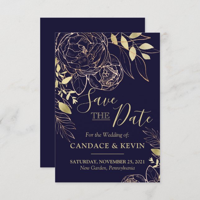Save The Date Marine Blue & Gold Peony Moderne Floral Mariage (Devant / Derrière)