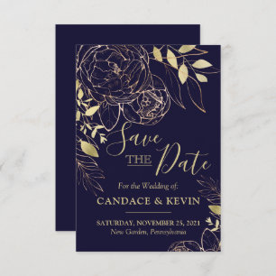 Save The Date Marine Blue & Gold Peony Moderne Floral Mariage