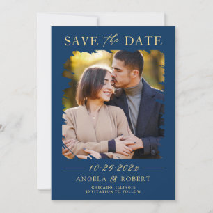 Save The Date Marine Blue Gold Typographie Abstrait cadre photo