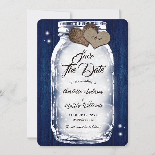 Save The Date Marine Blue Mason Jar String Mariage en bois (Devant)