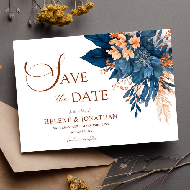 Save The Date Marine Blue Orange Floral Garden Mariage élégant (Navy Blue Orange Floral Garden Elegant Wedding Save The Date)