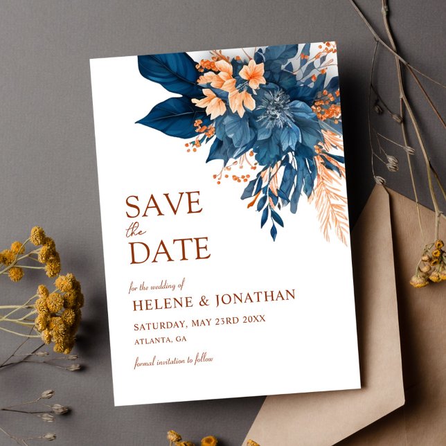 Save The Date Marine Blue Orange Floral Mariage élégant (Floral Watercolor Modern Elegant Wedding Save The Date)