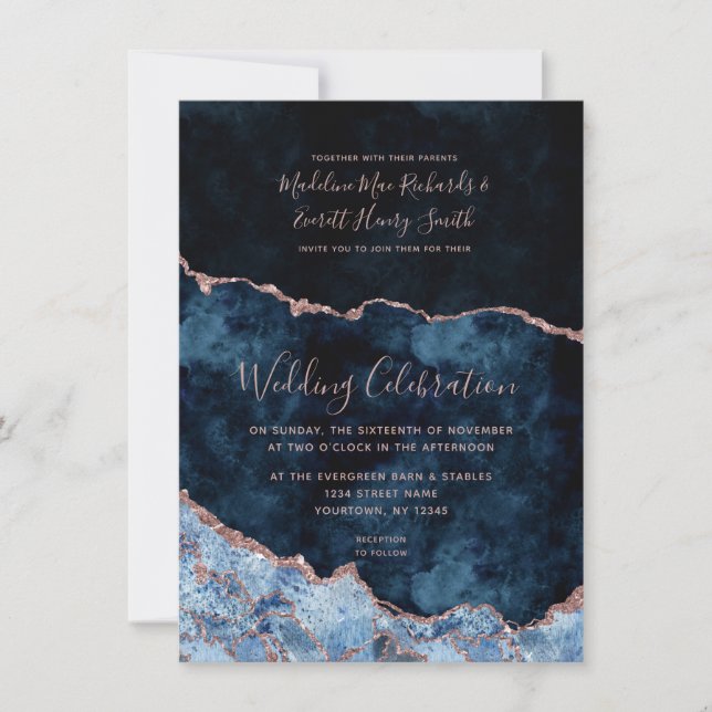 Save The Date Marine Blue Rose Gold Foil Agate Mariage Invitatio (Devant)
