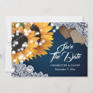 Save The Date Marine Blue Rustic Lace Hearts Mariage de tourneso