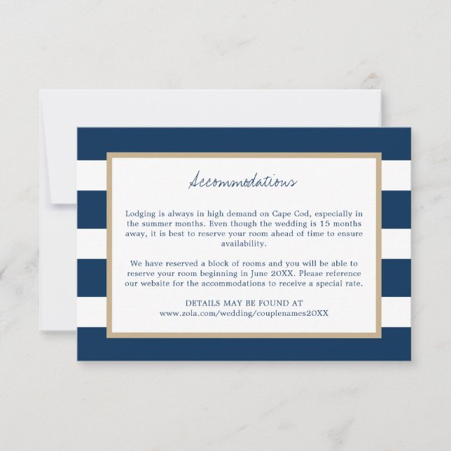 Save The Date Marine Blue Stripes Gold Trim Mariage Hébergements (Devant)