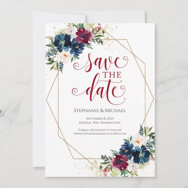 Save The Date Marine Burgundy Aquarelle Floral Enregistrer la da (Devant)