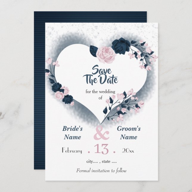 Save The Date Marine & coeur rose floral enregistrer la date (Devant / Derrière)