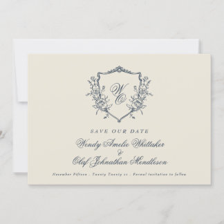 Save The Date Marine & Crème Vintage Floral Crest Monogramme Pho