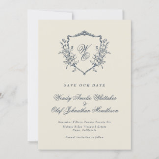 Save The Date Marine & Crème Vintage Floral Crest Monogramme Pho
