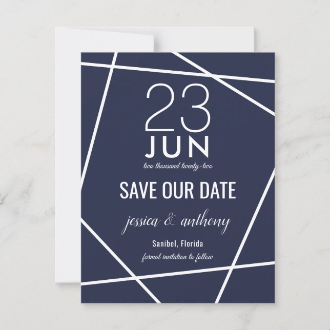 Save The Date Marine et blanc Géométrique simple Enregistrer la  (Devant)