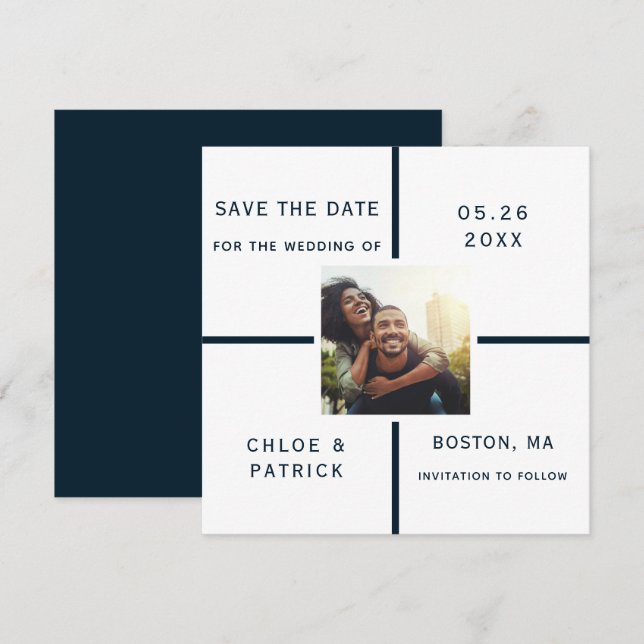 Save The Date Marine et Blanc Mariage moderne Photo Enregistrer  (Devant / Derrière)