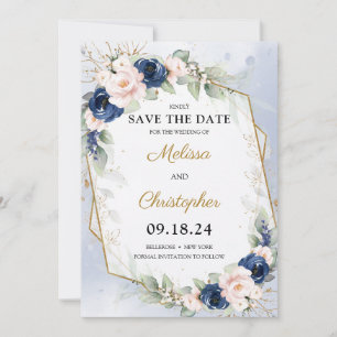 Save The Date Marine et Blush Floral Verdure et Gold Frame