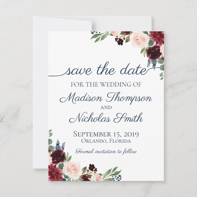 Save The Date Marine et Marsala Floral Mariage Enregistrer la ca (Devant)