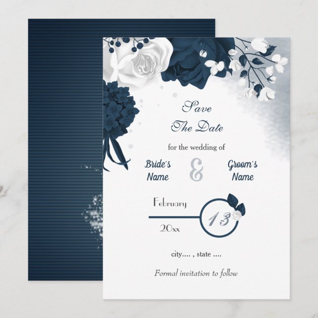 Save The Date Marine & fleurs blanches romantique enregistrer la (Devant / Derrière)