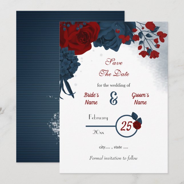 Save The Date Marine & fleurs bordeaux romantique (Devant / Derrière)