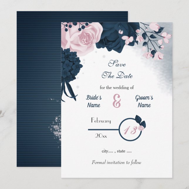 Save The Date Marine & fleurs roses romantique (Devant / Derrière)