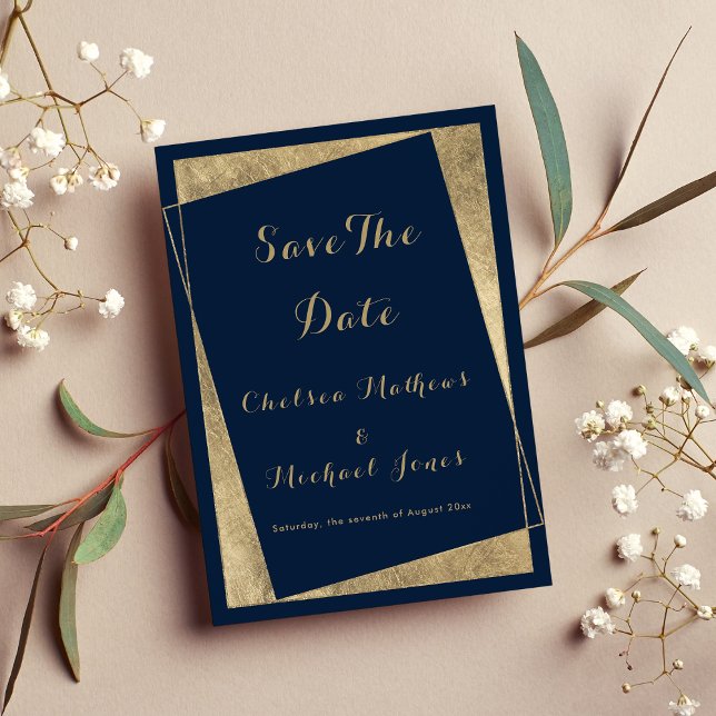 Save The Date Marine géométrique moderne bleu faux or Enregistre (Modern geometric navy blue faux gold Save The Date )