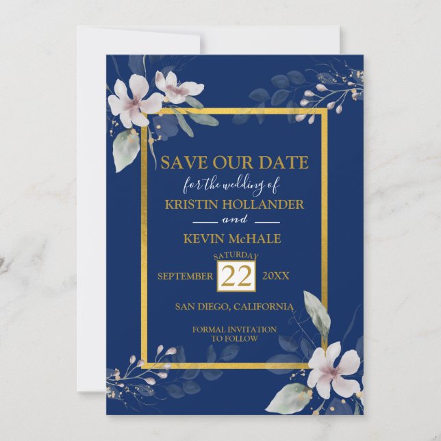 Save The Date Marine Gold Dusty Fleurs blanches aquarelle (Devant)