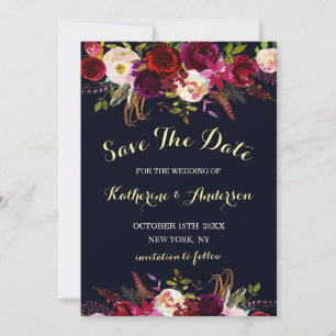 Save The Date Marine Marsala Boho Mariage floral Enregistrer la