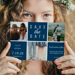 Save The Date Marine moderne bleu simple 3 photo collage mariage