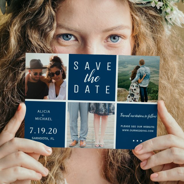 Save The Date Marine moderne bleu simple 3 photo collage mariage (Créateur téléchargé)