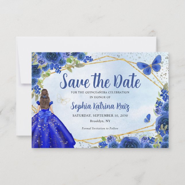 Save The Date Marine moderne Blue Gold Floral Princesse Quinceañ (Devant)