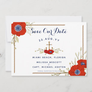 Save The Date Marine & Red Anemone Nautique Rouge Bleu Bleu Mari