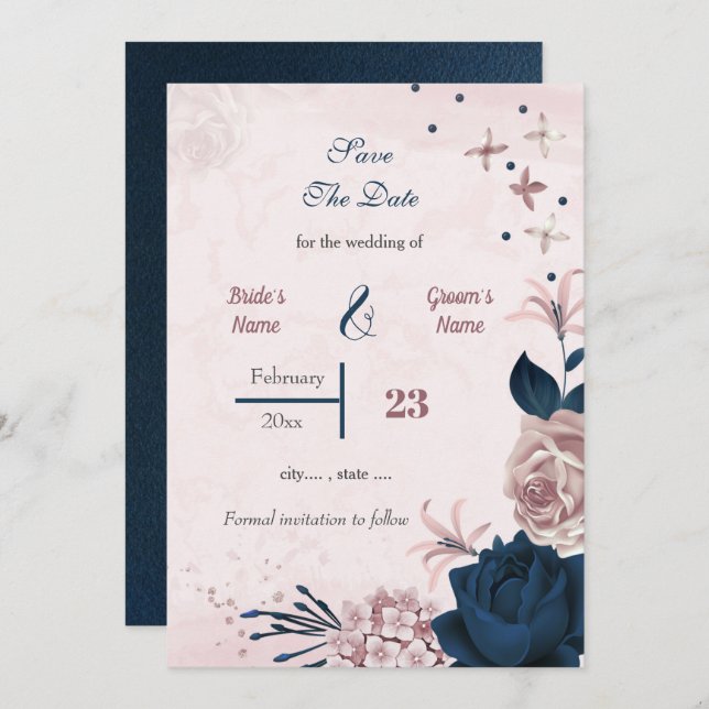 Save The Date Marine romantique & fleurs roses (Devant / Derrière)
