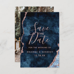 Save The Date Marine Rose Gold Agate Marbre Photo sur le dos