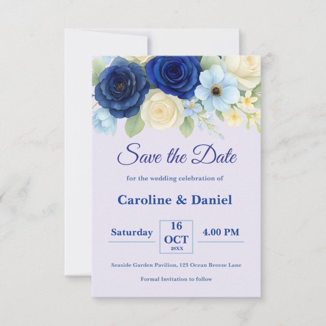Save The Date Marine Royal Bue Mariage Aquarelle couleur ivoire  (Devant)