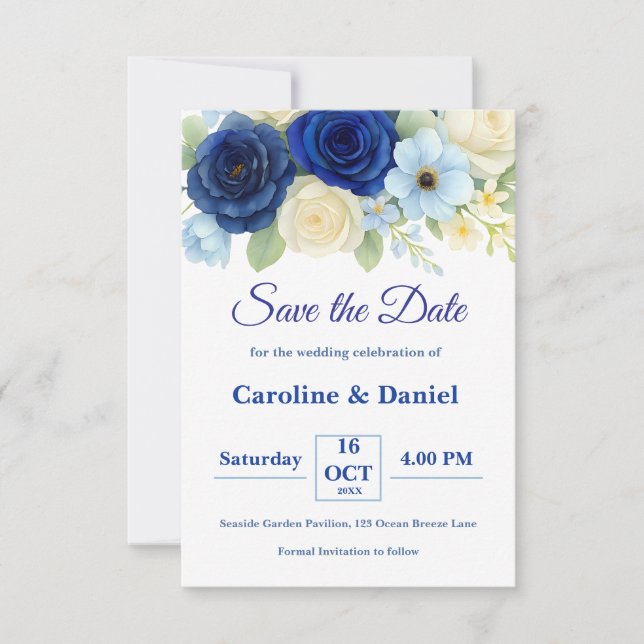 Save The Date Marine Royal Bue Mariage Aquarelle couleur ivoire  (Devant)