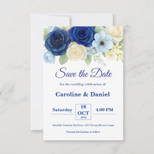 Save The Date Marine Royal Bue Mariage Aquarelle couleur ivoire