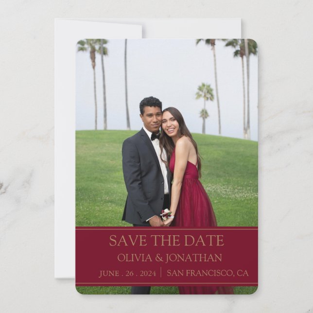 Save The Date Maroon de Bourgogne moderne photo Mariage (Devant)