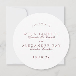 Save The Date Maroon Formal Classic Calligraphie Round Photo