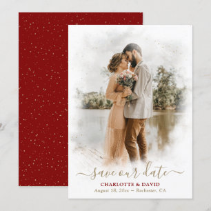 Save The Date Maroon Red Gold Mariage Photo Enregistrer notre ca