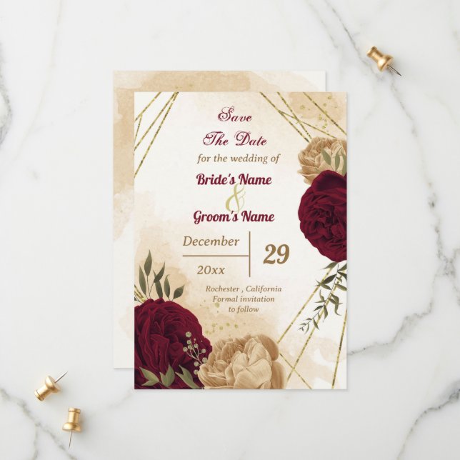 Save The Date Maroon vert beige or botanique (Devant/Arrière en situation)