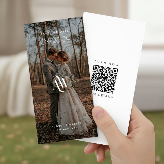 Save The Date Marque-page élégant monogrammé QR-code Photo rusti (Créateur téléchargé)