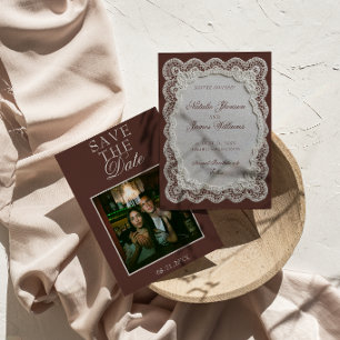 Save The Date Marron Chocolat Dentelle Vieille Fortune Photo Mar