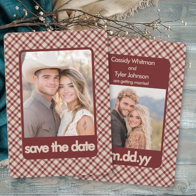 Save The Date Marron Gingham Occidental Rétro Multi Photo (Winter save the date with two photos, red-brown plaid and bold typography by Darling & May)