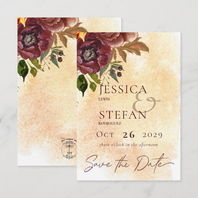 Save The Date Marsala Argile & Bouquet Jaune Mariage (Devant / Derrière)