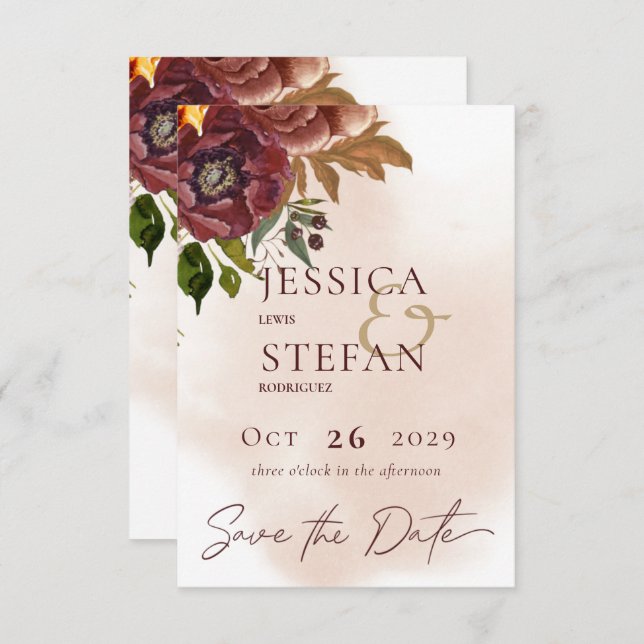Save The Date Marsala Argile & Bouquet Jaune Mariage (Devant / Derrière)