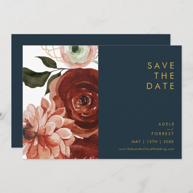Save The Date Marsala Autumn Floral | Marine horizontale (Devant / Derrière)