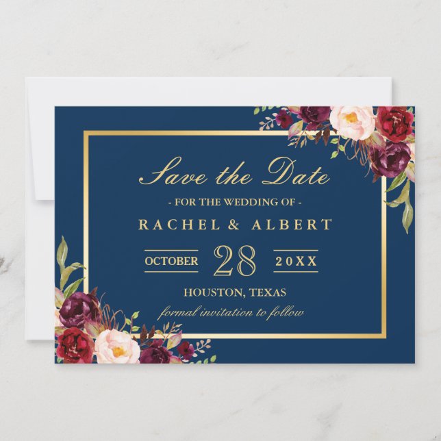 Save The Date Marsala de Bourgogne Floral Blue Wedding Enregistr (Devant)