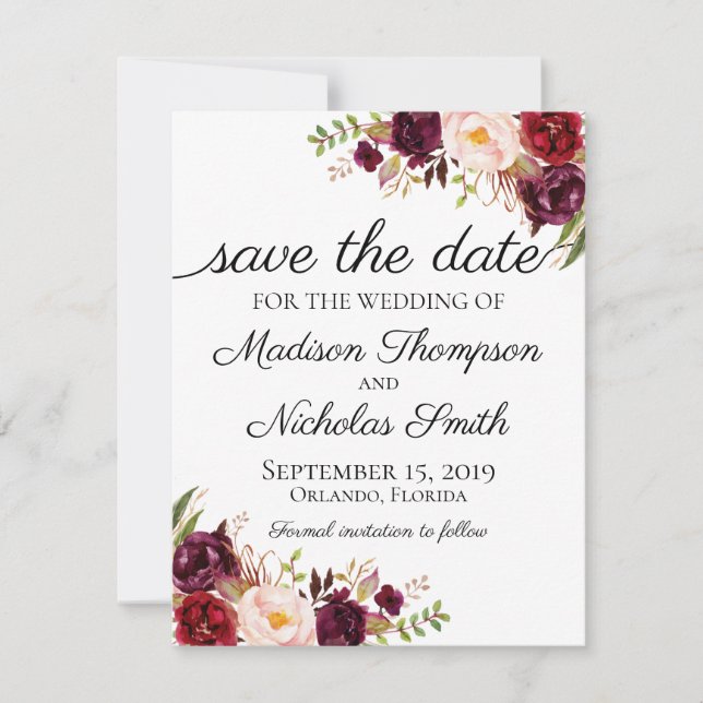 Save The Date Marsala et mariage rose floral Enregistrer la cart (Devant)