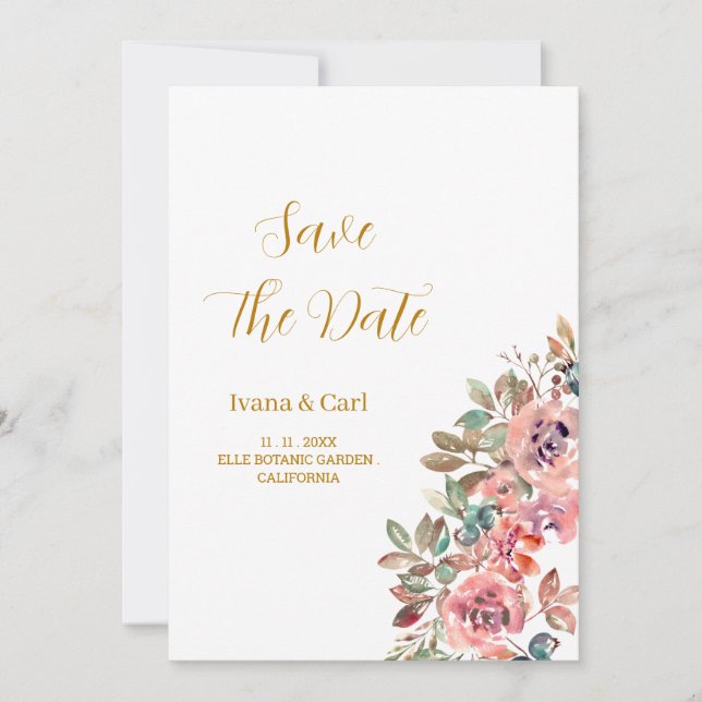 Save The Date MARY Aquarelle Rose Vert Émeraude (Devant)