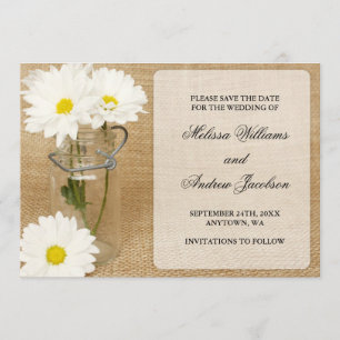 Save The Date Mason Jar Burlap White Daisies Enregistrer la date
