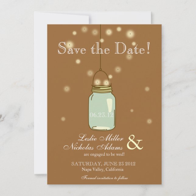 Save The Date Mason Jar Fireflies Mariage de coeur Enregistrer l (Devant)